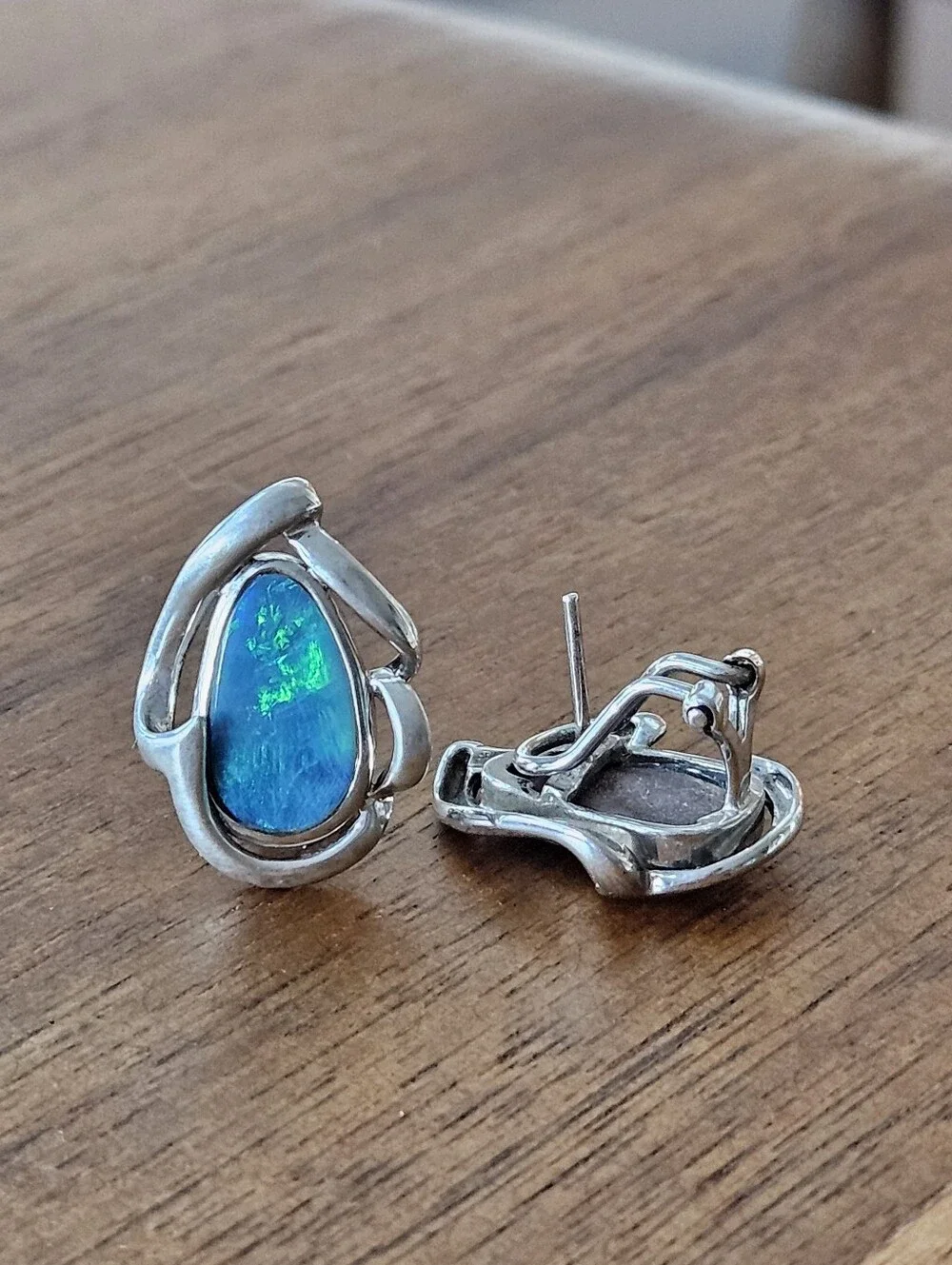 Designer Australian Black Opal Teardrop Sterling Silver Omega Back Earrings 1